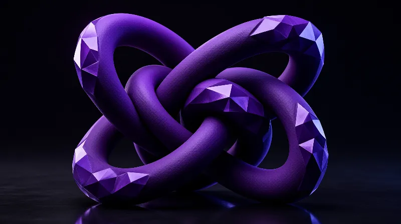 A purple interlocked ring structure sits on a glossy black plane reflecting its violet curves.