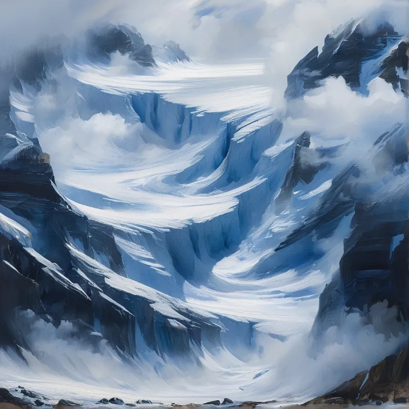 A digital painting depicts snow-covered mountains where white clouds swirl around jagged dark peaks and flow down the slopes like a slow moving river of ice within a cold blue atmosphere.