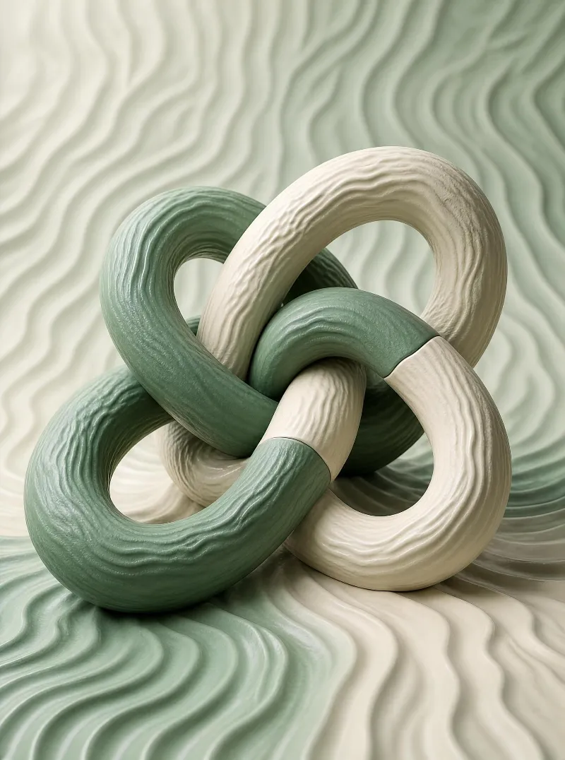 Interlocking rings with green and white hues are entwined on a wavy textured background, creating a harmonious and soft visual composition.