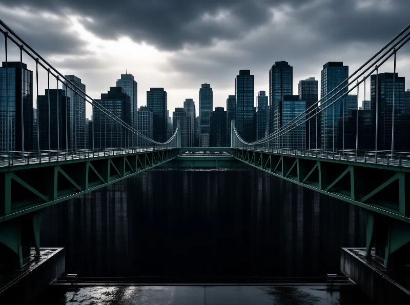 A symmetrical green bridge crosses dark water with a skyline of skyscrapers under clouds.