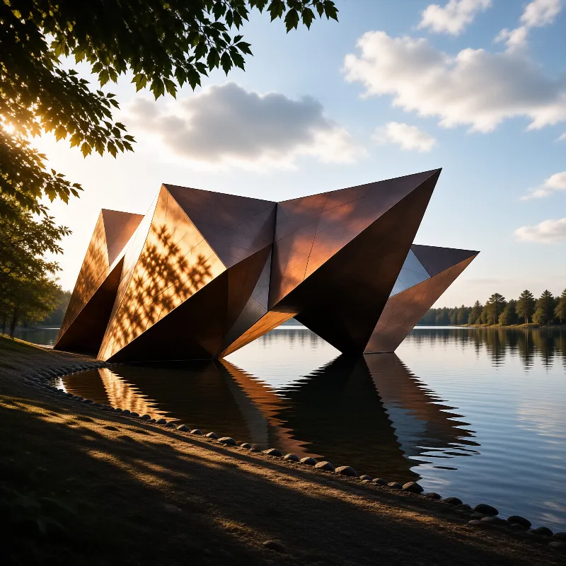 A dark angular metal pavilion with large triangular facets stands in a calm lake under a bright sky with clouds and trees.