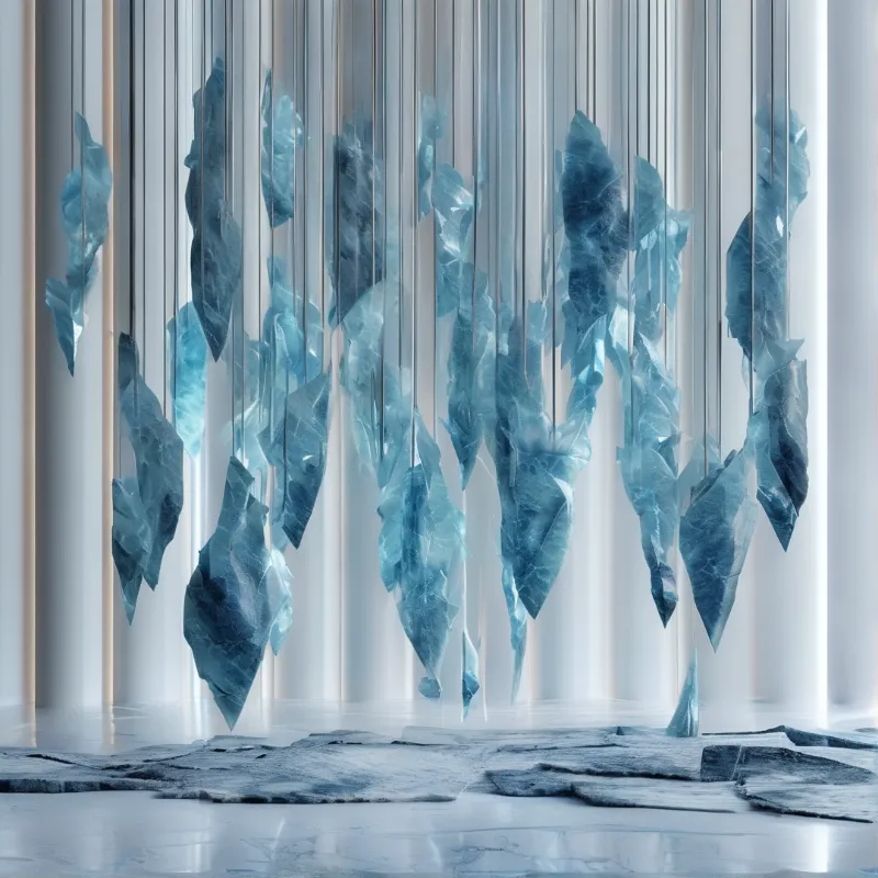 Translucent blue crystal shards hang from thin threads before a white ribbed wall, with flat blue pieces on the floor.