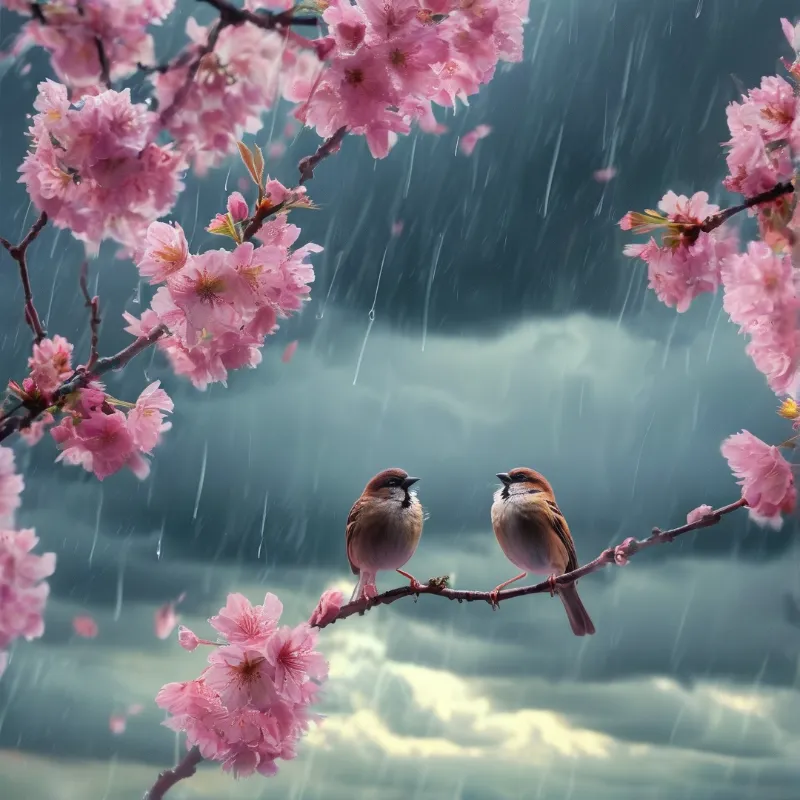 A pair of small brown birds sits on a flowering branch while rain falls around pink petals against a teal background.
