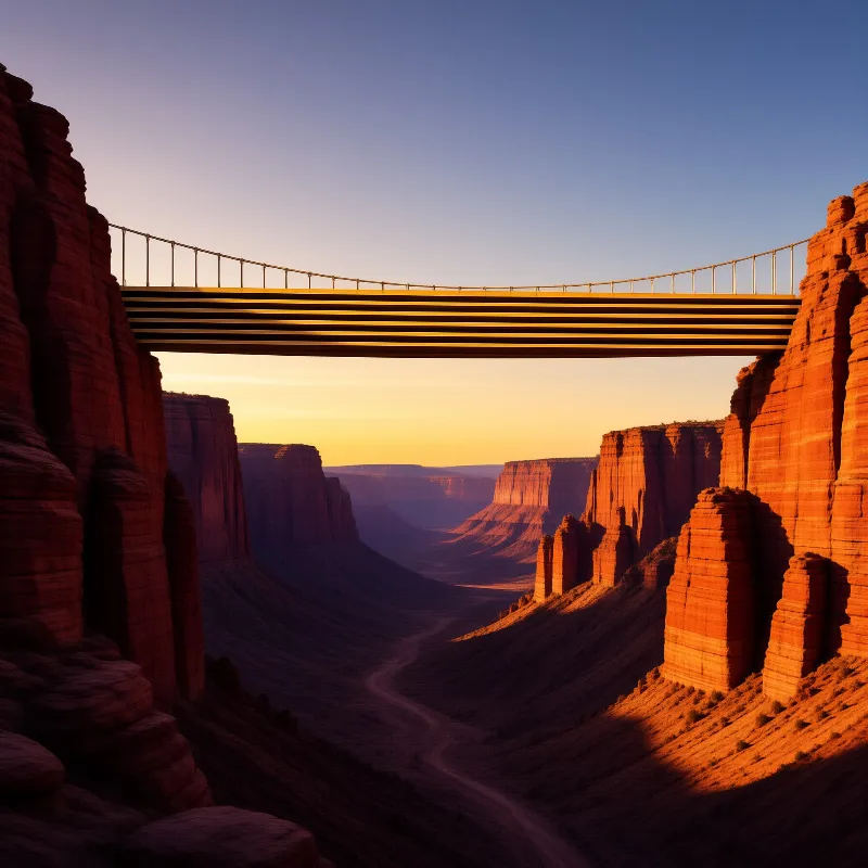 A slender golden bridge stretches between towering red cliffs as warm evening light floods the deep gorge.