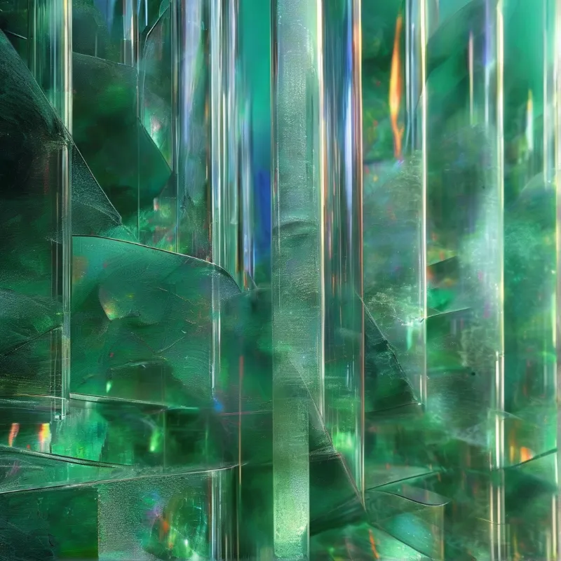 Vertical translucent green glass pillars refract light into soft iridescent streaks and pale highlights
