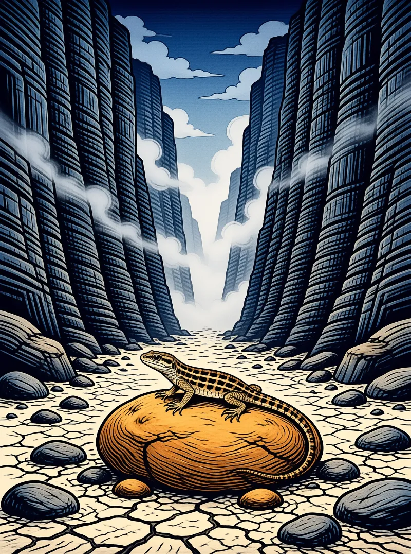 A checkered lizard rests on a round amber boulder amid cracked earth flanked by towering skyscrapers under a cloudy blue sky.