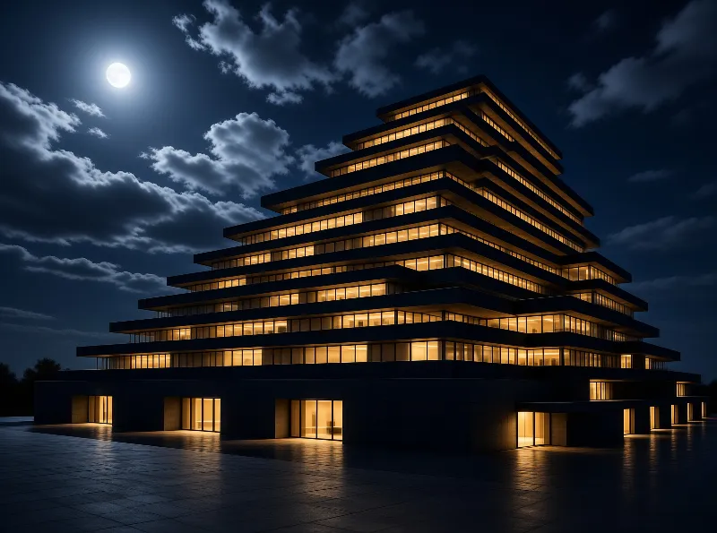 A multi-level dark structure glows with warm yellow light against a deep blue sky featuring a bright moon.
