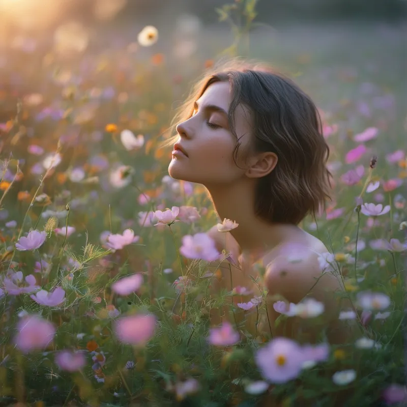 A young woman with short hair stands with her eyes closed amidst a field of pink and yellow wildflowers under warm sun.