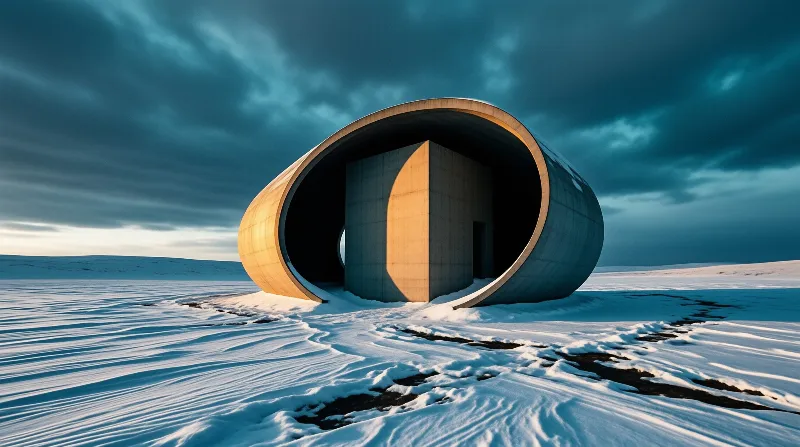 A giant oval concrete shell shelters a tall monolith on windswept snow, its inner wall lit by low amber sun