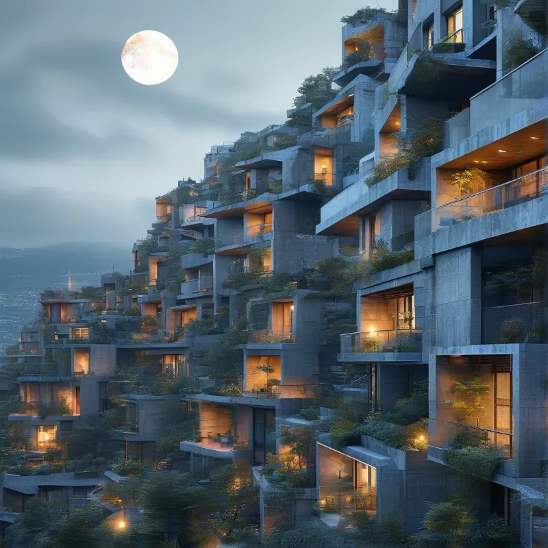 Futuristic hillside buildings with green terraces and warm-lit windows under a bright full moon.