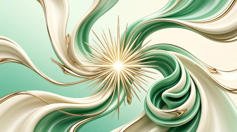 Cream and teal ribbons spiral outward from a radiant gold star on a soft gradient backdrop.