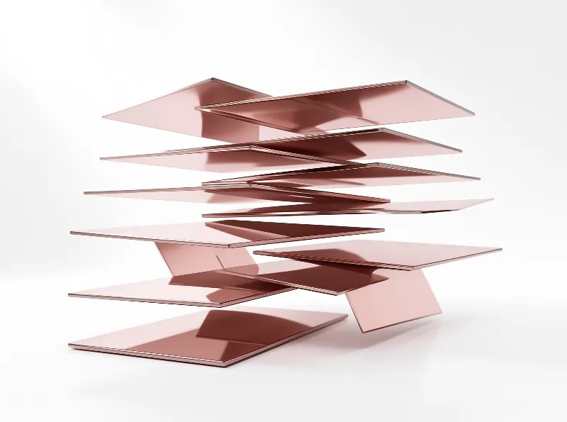 Layered rose gold metal sheets form an abstract zigzag structure against a plain white background.