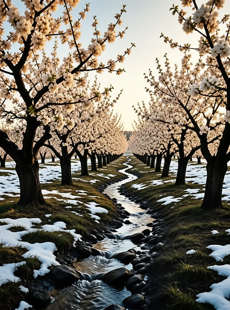 A winding stream flows between rows of blooming cherry trees with patches of snow under warm evening light.