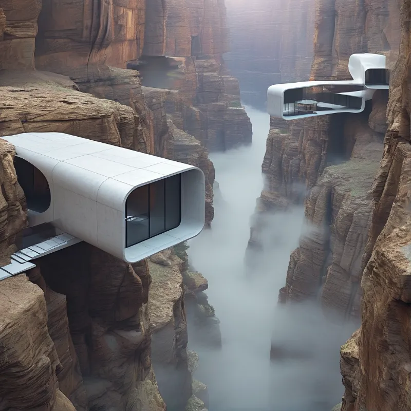 White architectural pods extend from a misty canyon with reddish cliffs and soft diffused light