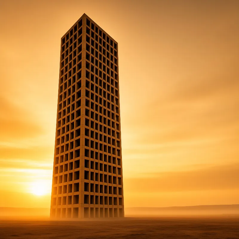 A tall skeletal building rises from a flat dusty plain beneath a glowing yellow sky.