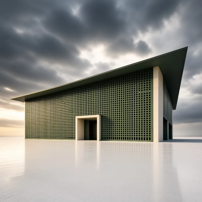 A modern building with a green perforated wall stands on a bright white surface beneath a dark cloudy sky.