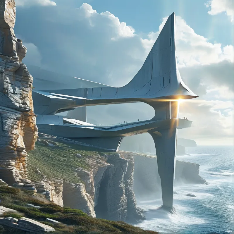 Futuristic Cliffside Spire in Golden Haze