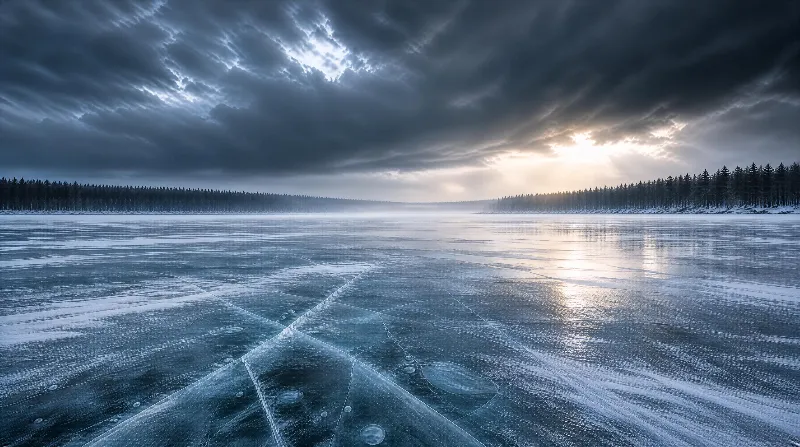 Frozen Lake Under Stormy Sky