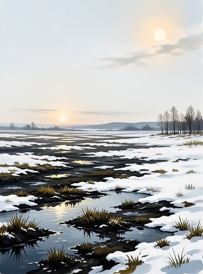 A frozen wetland scene with patches of water and dry grass beneath a pale sky containing two bright sun-like orbs.