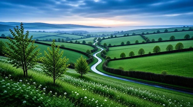Winding Road in Green Fields