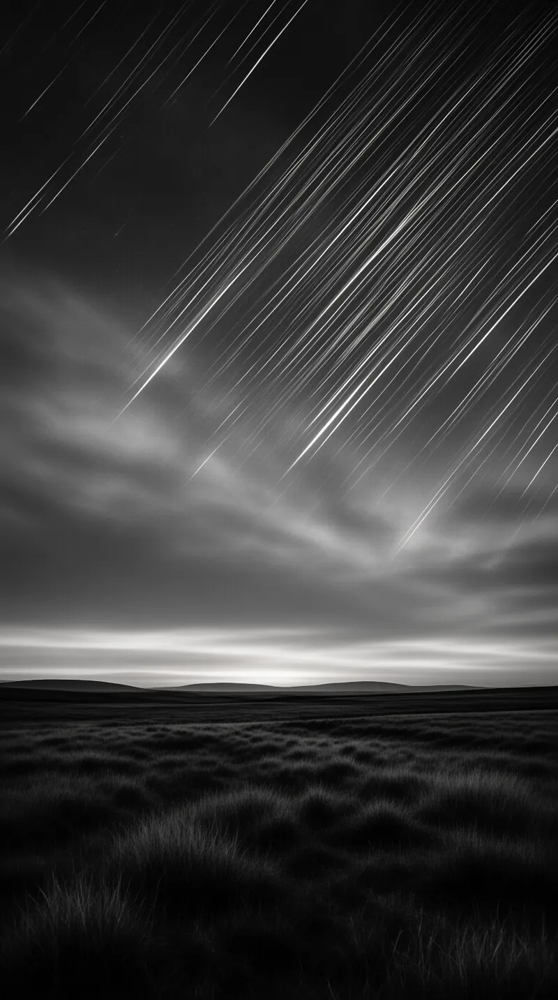 Black and white image of diagonal star trails above open grassy steppe, rolling hills line the horizon under dusk cloud cover.