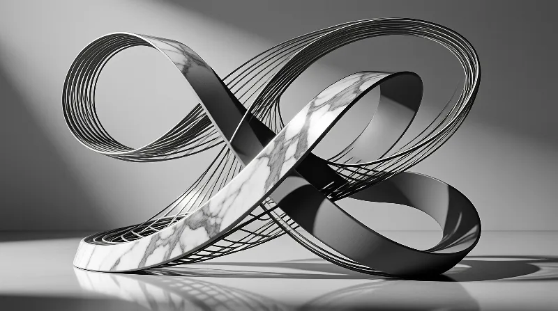 Abstract 3D sculpture of interwoven white marble and black metal ribbons with thin wires on a grey reflective floor.