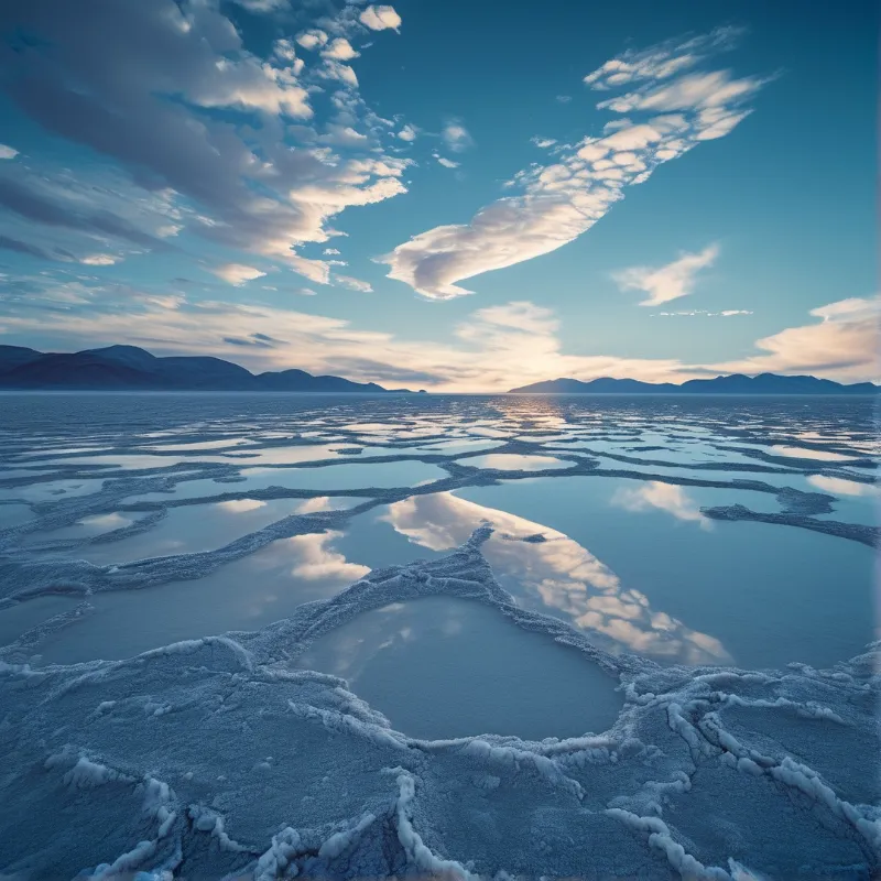 Vast white salt ridges surround shallow water pools that mirror the blue sky and pink sunset clouds above distant mountains.