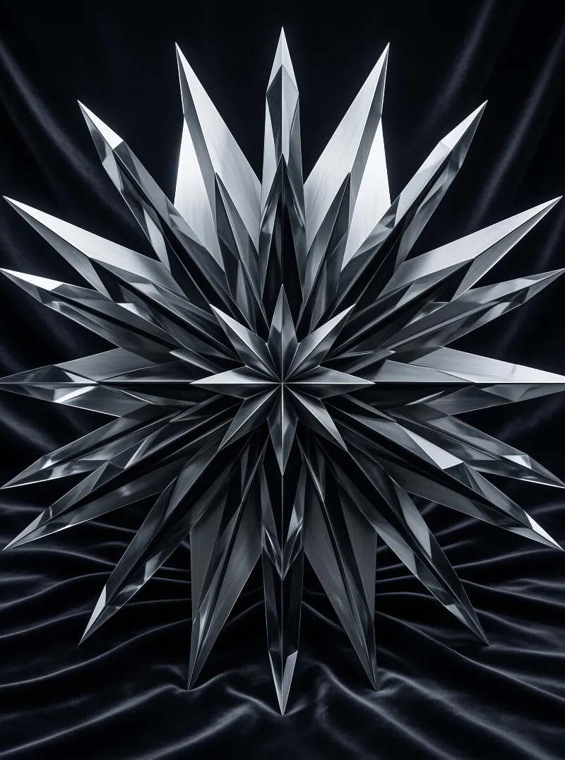 A polished metallic starburst rests on a dark velvet surface with soft folds and high contrast lighting.