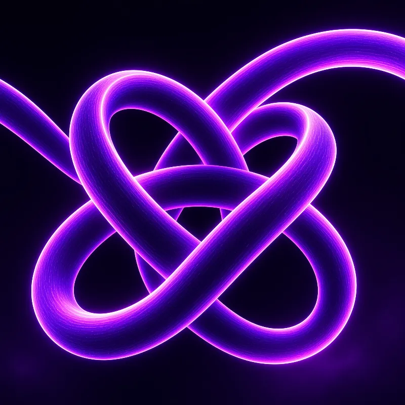 Interlocking smooth tubes form a luminous purple knot shape floating against a solid black backdrop
