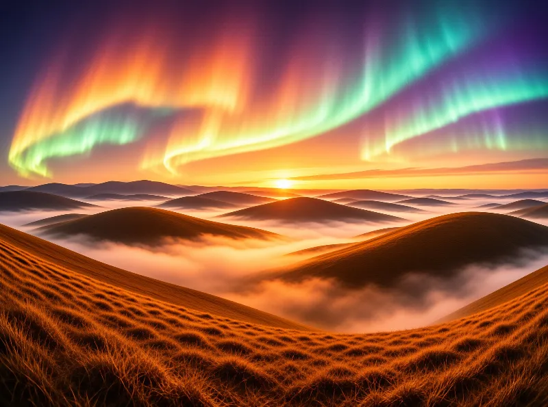 Aurora Over Rolling Hills