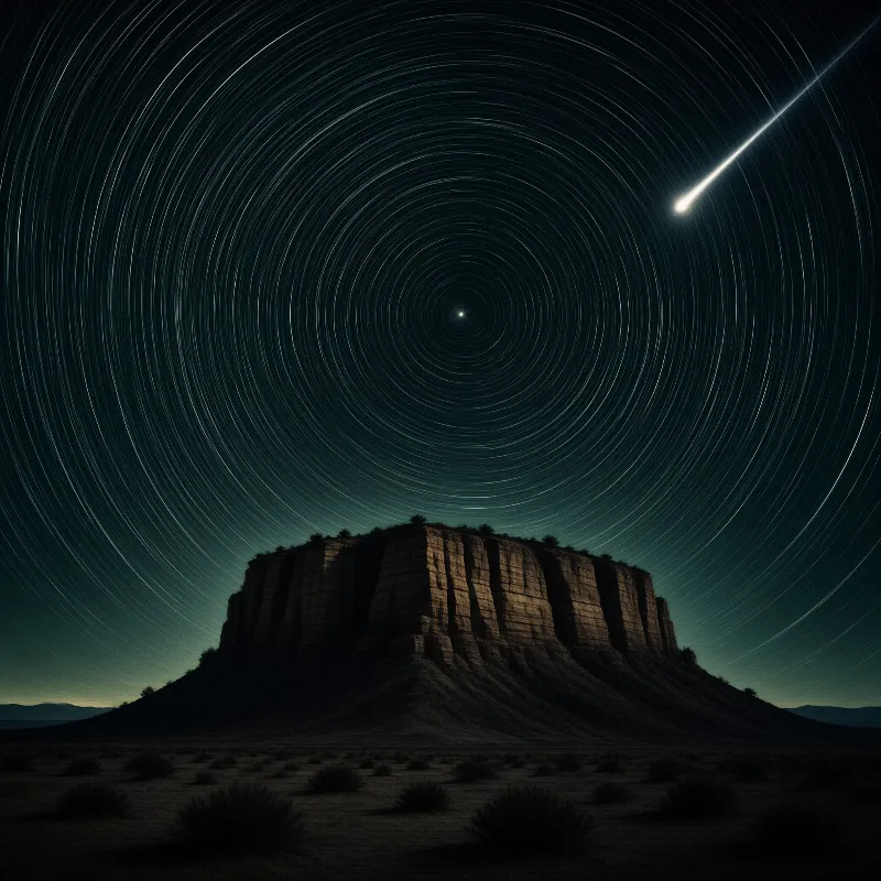 A dark mesa rises from the desert floor beneath a sky of swirling star trails and a bright shooting star streak.