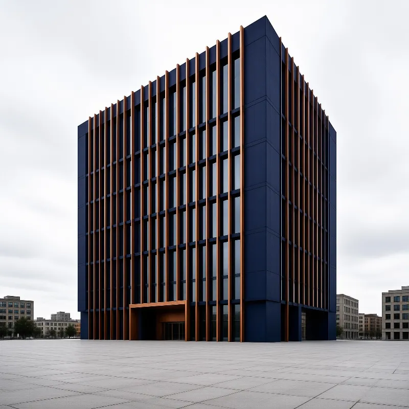 Blue office building with vertical copper slats stands on a paved plaza under a grey overcast sky, with smaller low-rise blocks at the frame edges.