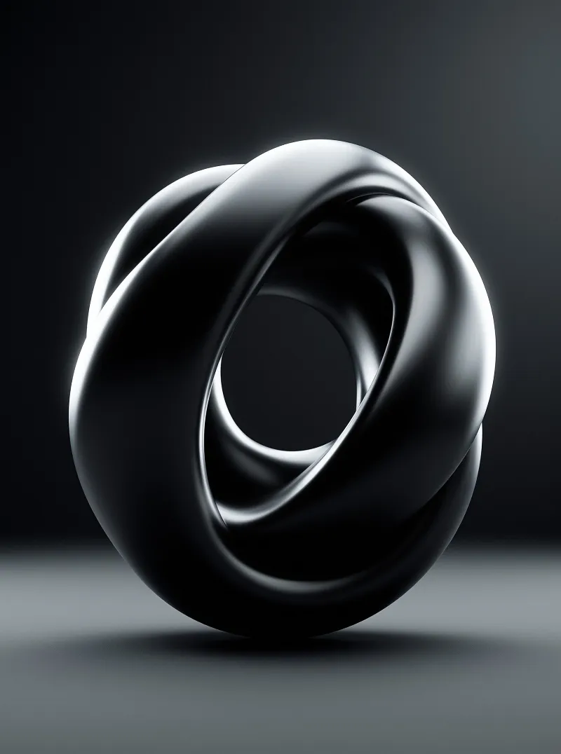 A polished black ribbon sculpture twists into a knot, catching white highlights against a dark grey studio backdrop.