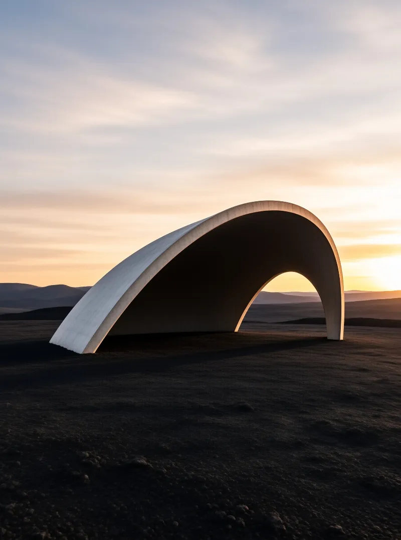 A curved concrete arch shelter rests on dark desert sand beneath rolling dunes and a colorful orange blue sunset sky