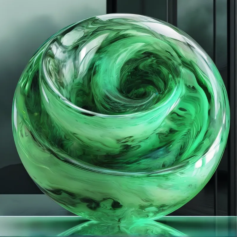 A polished green orb filled with marbled eddies of pale jade rests on a mirrored ledge against a shadowed slatted wall.