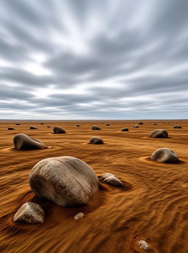 Rounded grey stones are dispersed across rippled rust colored sand beneath a cloudy muted overcast sky
