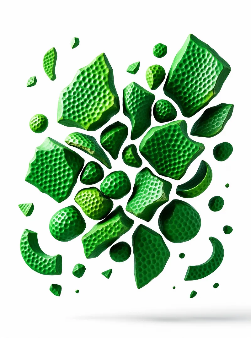 Chunks of emerald material with honeycomb textured surfaces float weightlessly against a clean white backdrop.