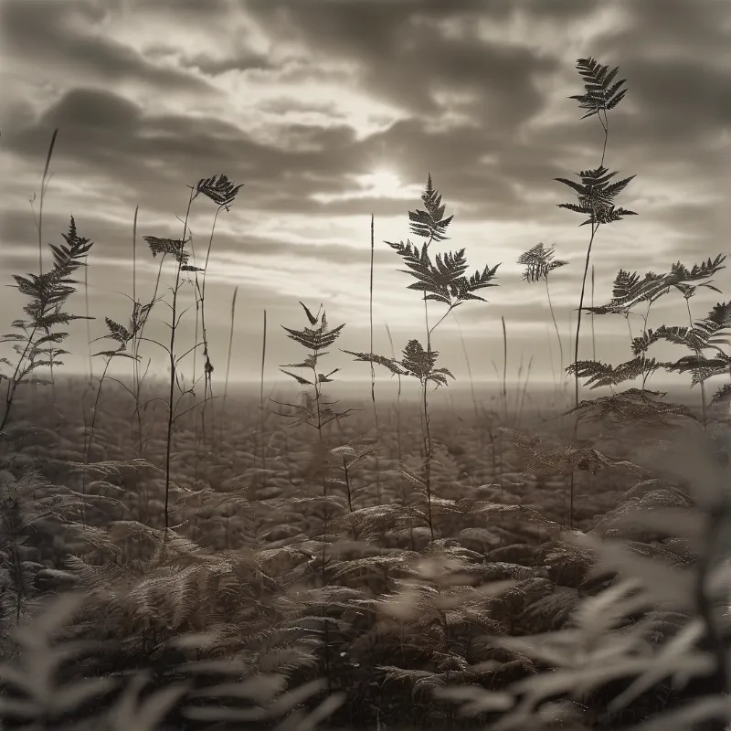 Tall fern stalks reach upward into a cloudy brown sky where sunlight filters through heavy clouds above a dense ground cover