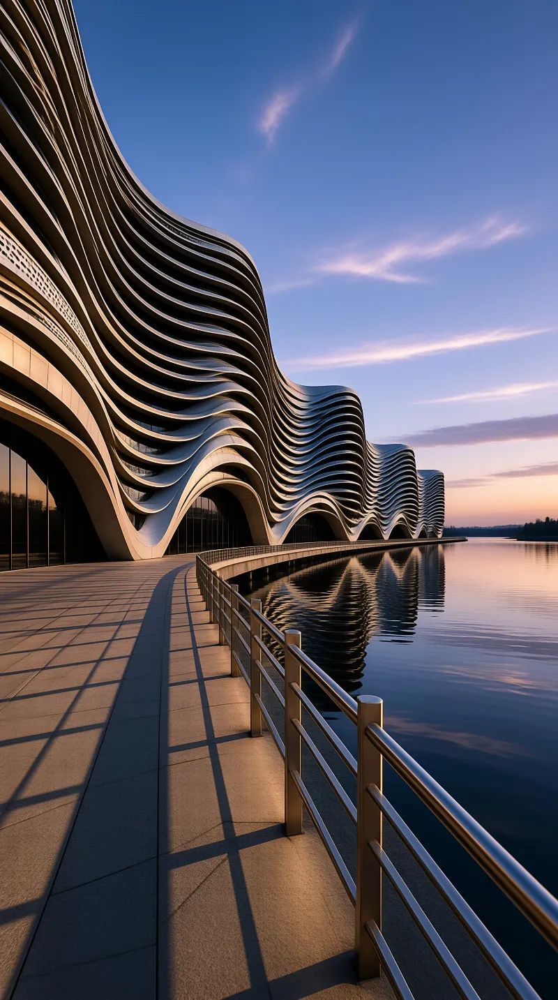 Wavy white building beside calm water at sunset casting long shadows on a paved walkway.