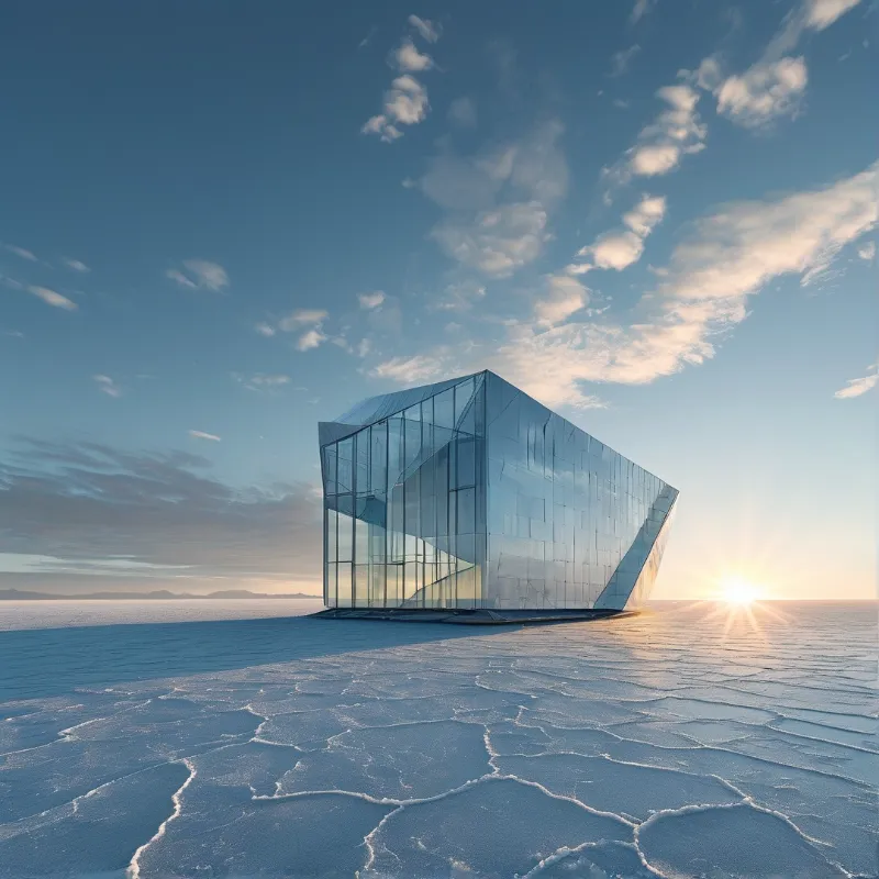 An angular glass structure rests on a cracked white salt flat under a blue sky with the sun rising low on the right.