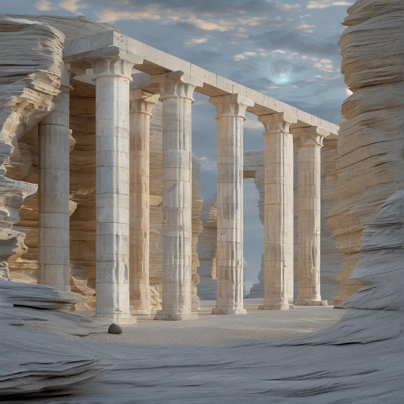A row of classical stone columns stands between layered beige rock formations under a cloudy sky with a visible moon
