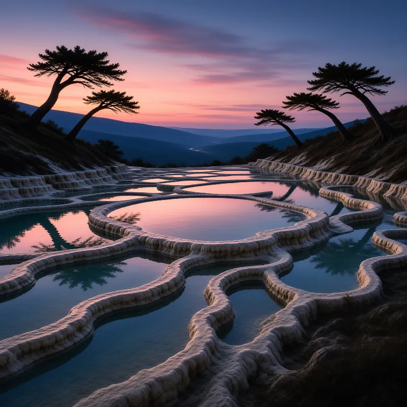 Stepped mineral pools mirror a pink and violet dusk sky, framed by silhouetted pines leaning over the ridge.
