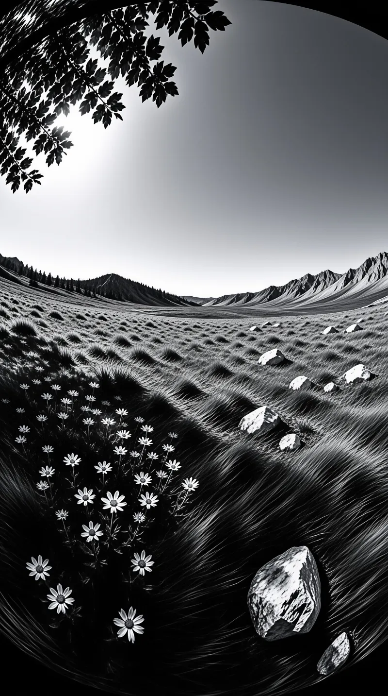 Black and white fish-eye view of a windswept hill pasture, dotted with daisies and boulders beneath jagged ridges.