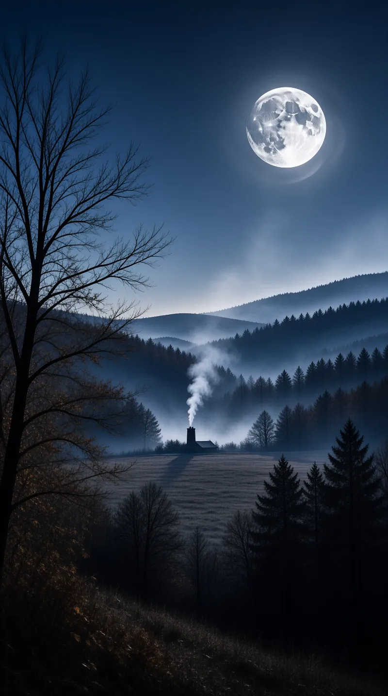 A small cabin with smoke rising from its chimney sits in a misty valley beneath a large full moon and dark blue sky.