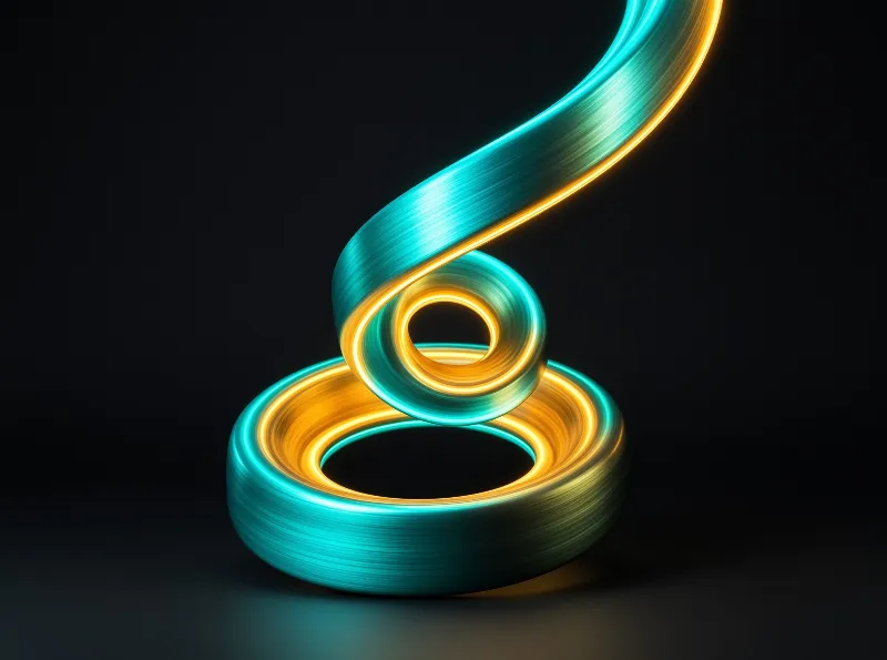 A luminous spiral ribbon of brushed metal glows teal and amber, coiling upward against a deep black studio background