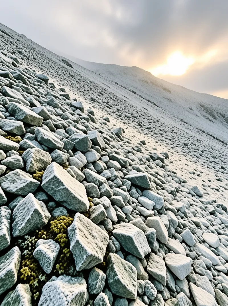 A steep hillside covered in frosty grey boulders slopes upward toward a bright sun breaking through clouds.