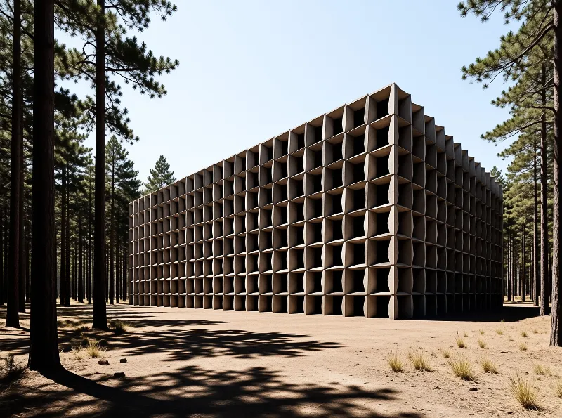 Geometric concrete cube stands alone in a pine forest under bright sunlight casting sharp shadows across the sandy terrain.