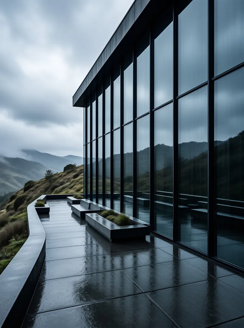 Minimalist glass rain terrace lines a grassy hillside, wet dark paving reflects overcast skies and misty mountain ranges