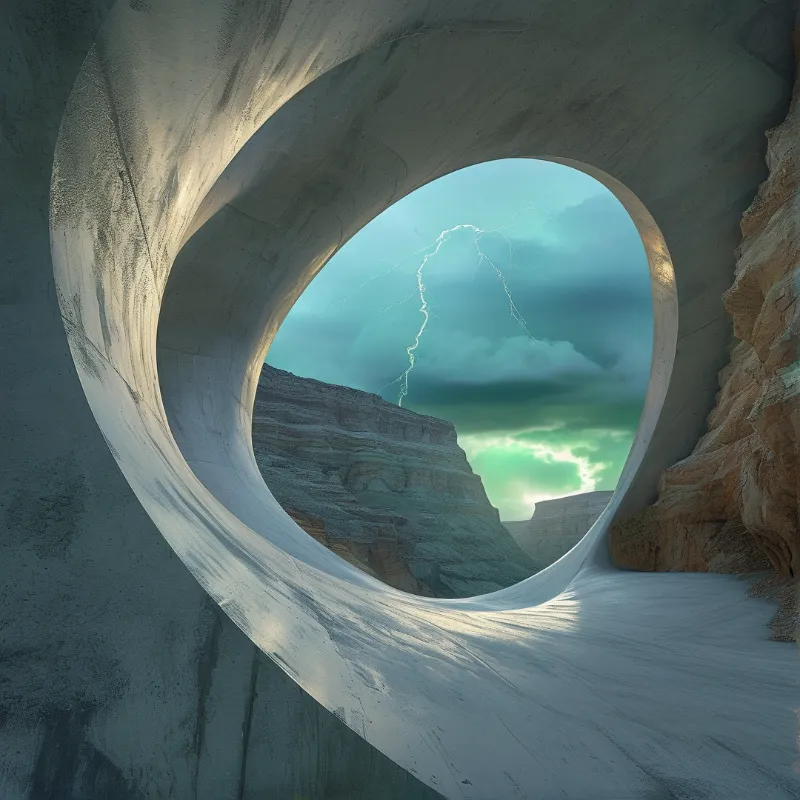 Smooth curved concrete archway frames a lightning storm over layered rocky cliffs under a turbulent teal sky.