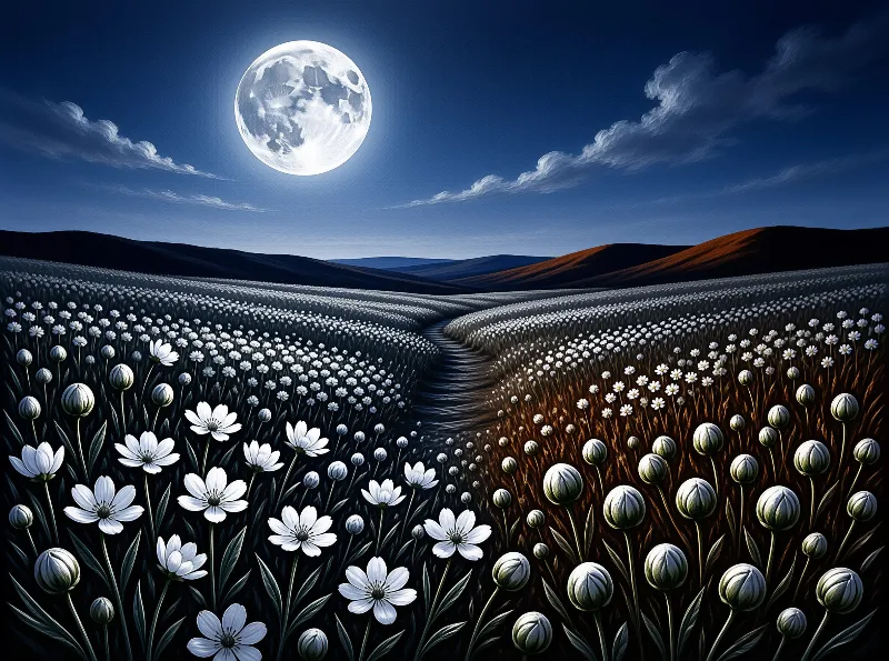 A winding dirt path leads through a vast field of white flowers beneath a massive bright full moon in a deep blue night sky.